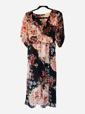 Zara Black Floral Maxi Dress with Pink and Red Accents